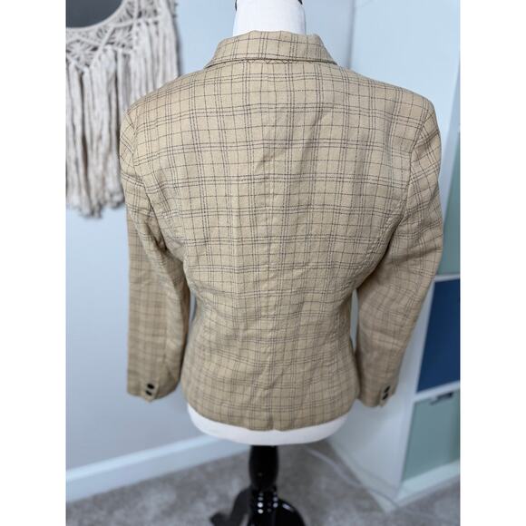 Women’s Vintage 90s Tan Windowpane Holiday Plaid Wool Blazer Suit Jacket Medium - Picture 2 of 6